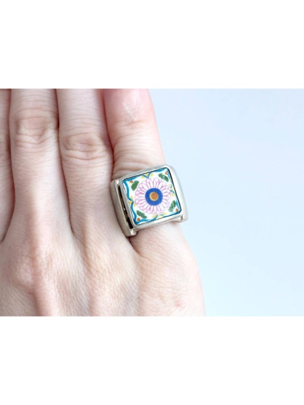 Porcelain Floral Painted Tilework Chunky Sterling Silver 925 Vintage Ring - sz 5 - Picture 14 of 16